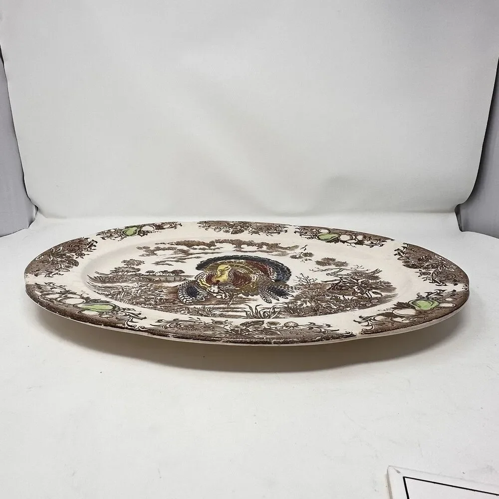 Vintage Japan Turkey Oval Platter Brown Transferware Thanksgiving Holiday 18”